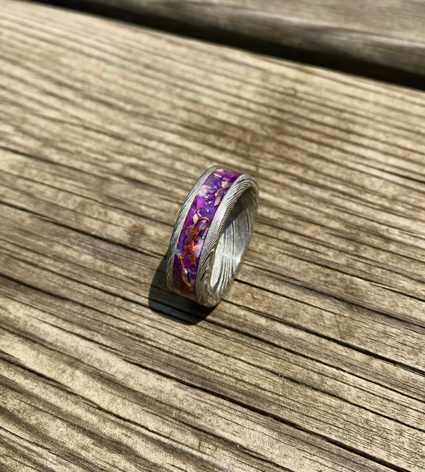 Ring of Damascus Steel, Opal, Amethyst, Purple Jade and Copper