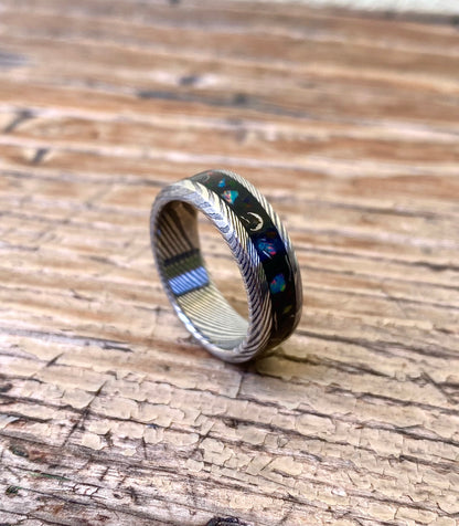 Meteorite, Opal and Damascus Steel Ring