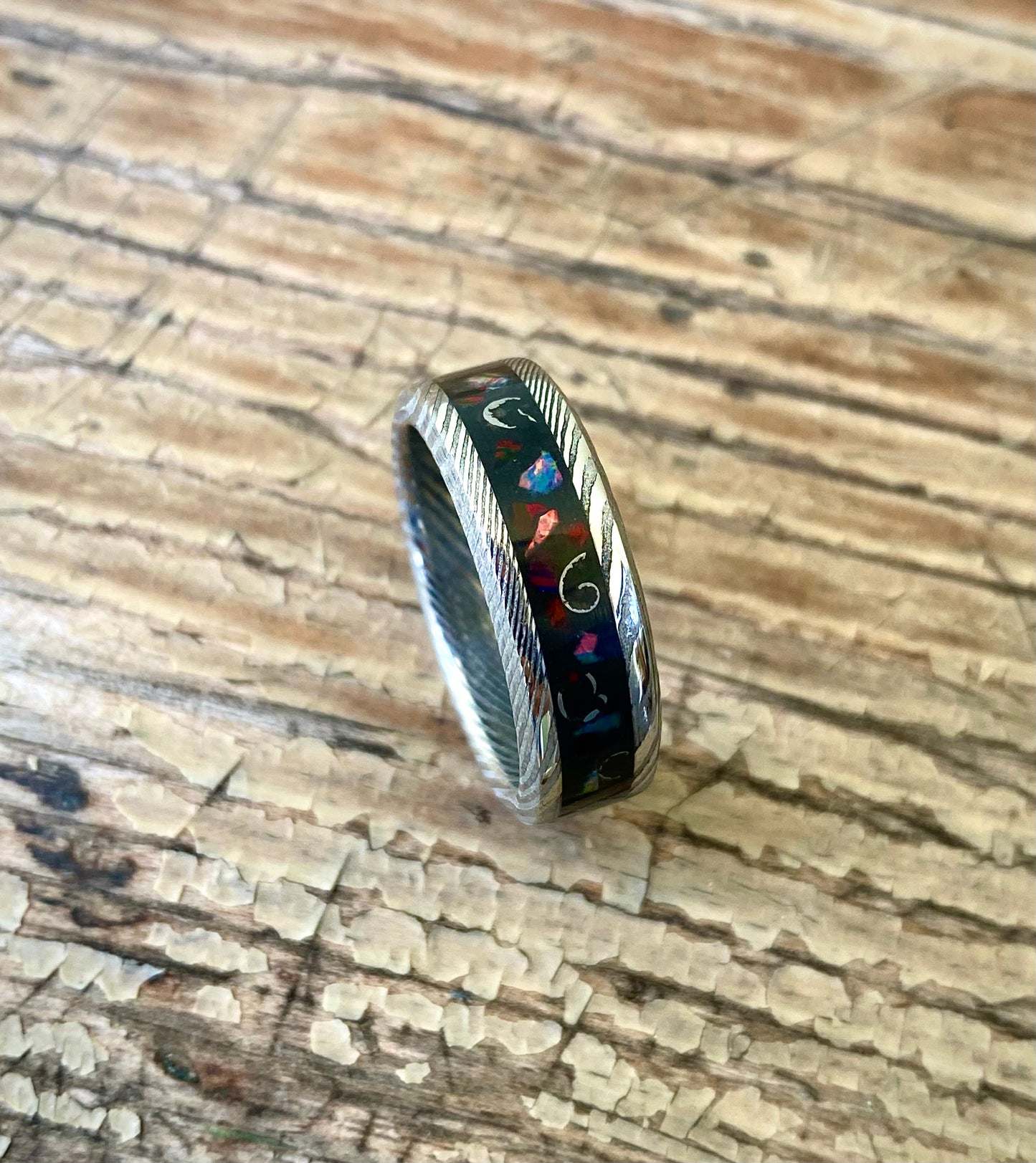 Meteorite, Opal and Damascus Steel Ring