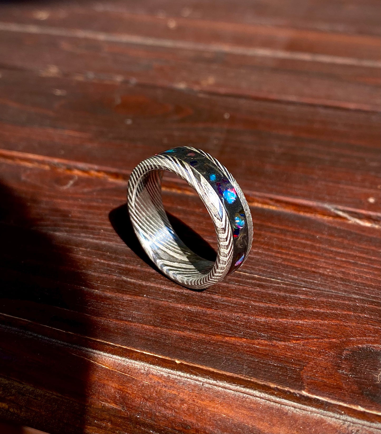 Meteorite, Opal and Damascus Steel Ring