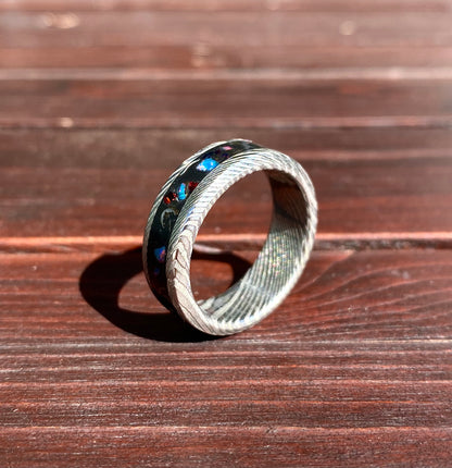 Meteorite, Opal and Damascus Steel Ring