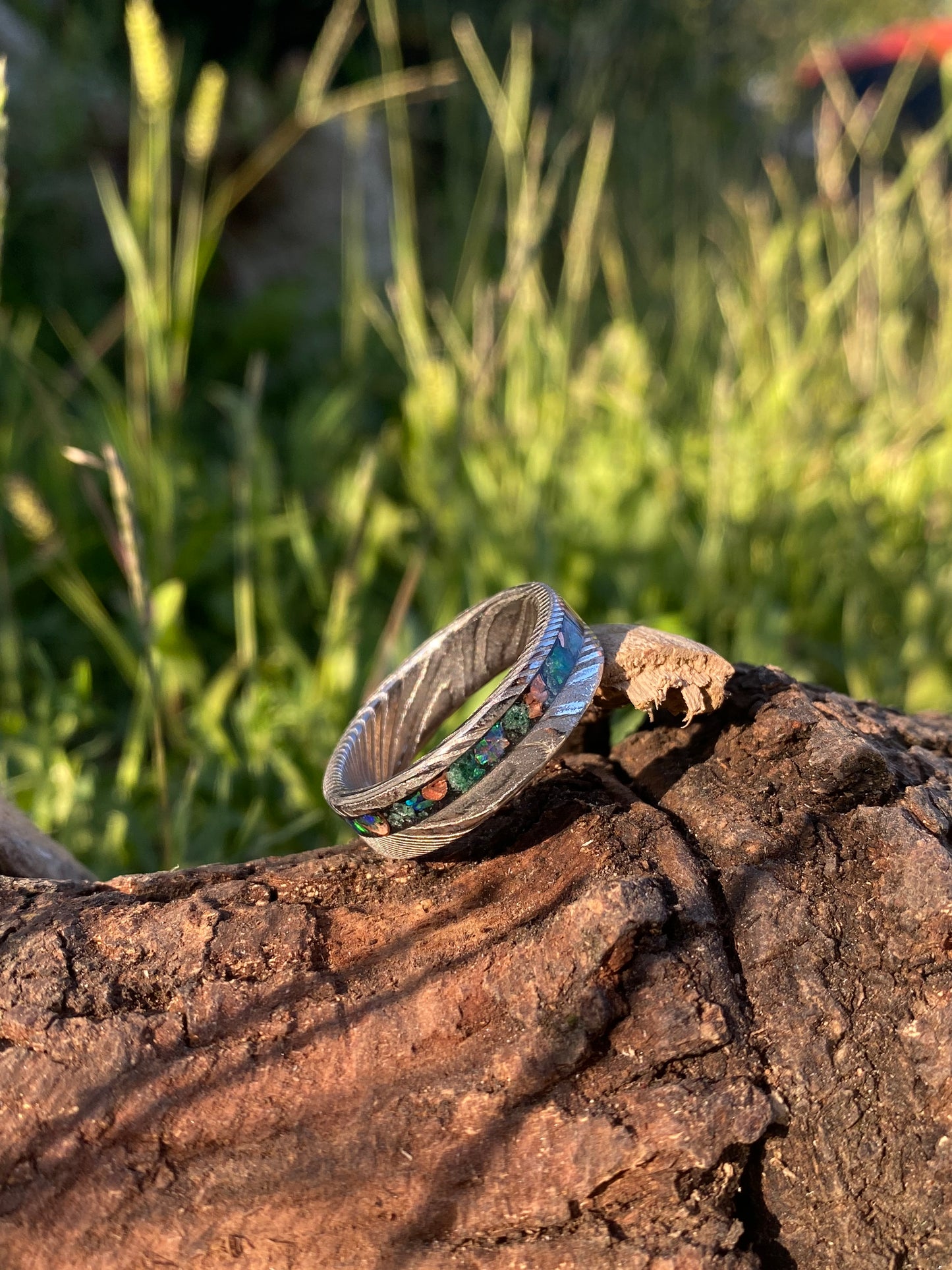 Ring of Damascus Steel, Green Jade, Opal and Copper