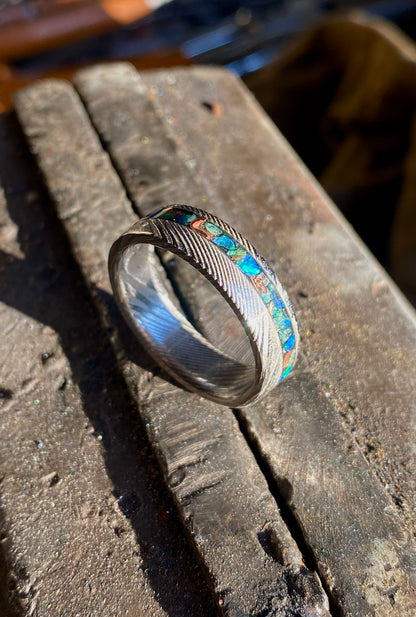 Ring of Damascus Steel, Green Jade, Opal and Copper