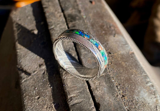 Ring of Damascus Steel, Green Jade, Opal and Copper