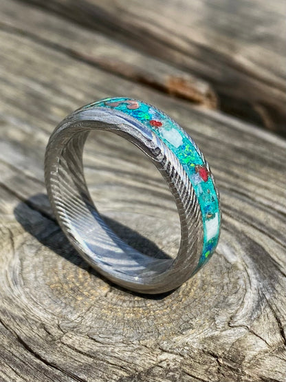 Ring of Damascus Steel, Emerald, Opal, Purple Jade, Shell, and Copper