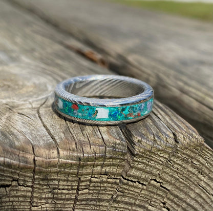 Ring of Damascus Steel, Emerald, Opal, Purple Jade, Shell, and Copper