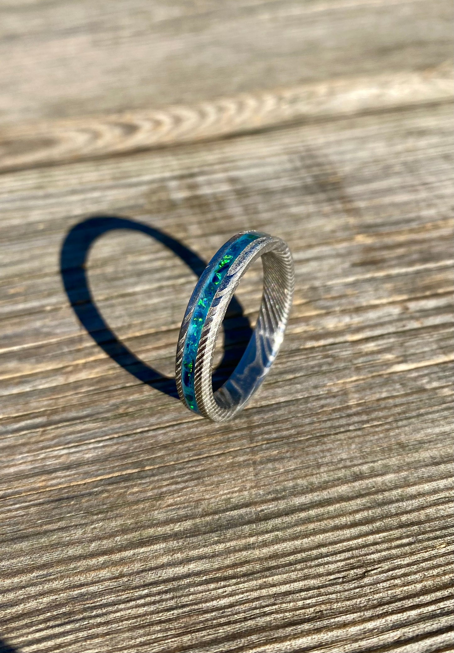 Damascus Steel and "Peacock Blue" Opal Ring