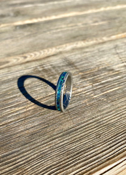 Damascus Steel and "Peacock Blue" Opal Ring