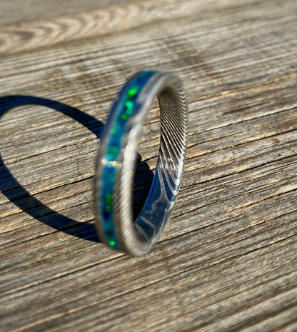 Damascus Steel and "Peacock Blue" Opal Ring