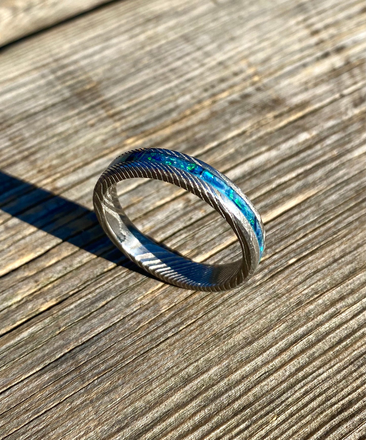 Damascus Steel and "Peacock Blue" Opal Ring