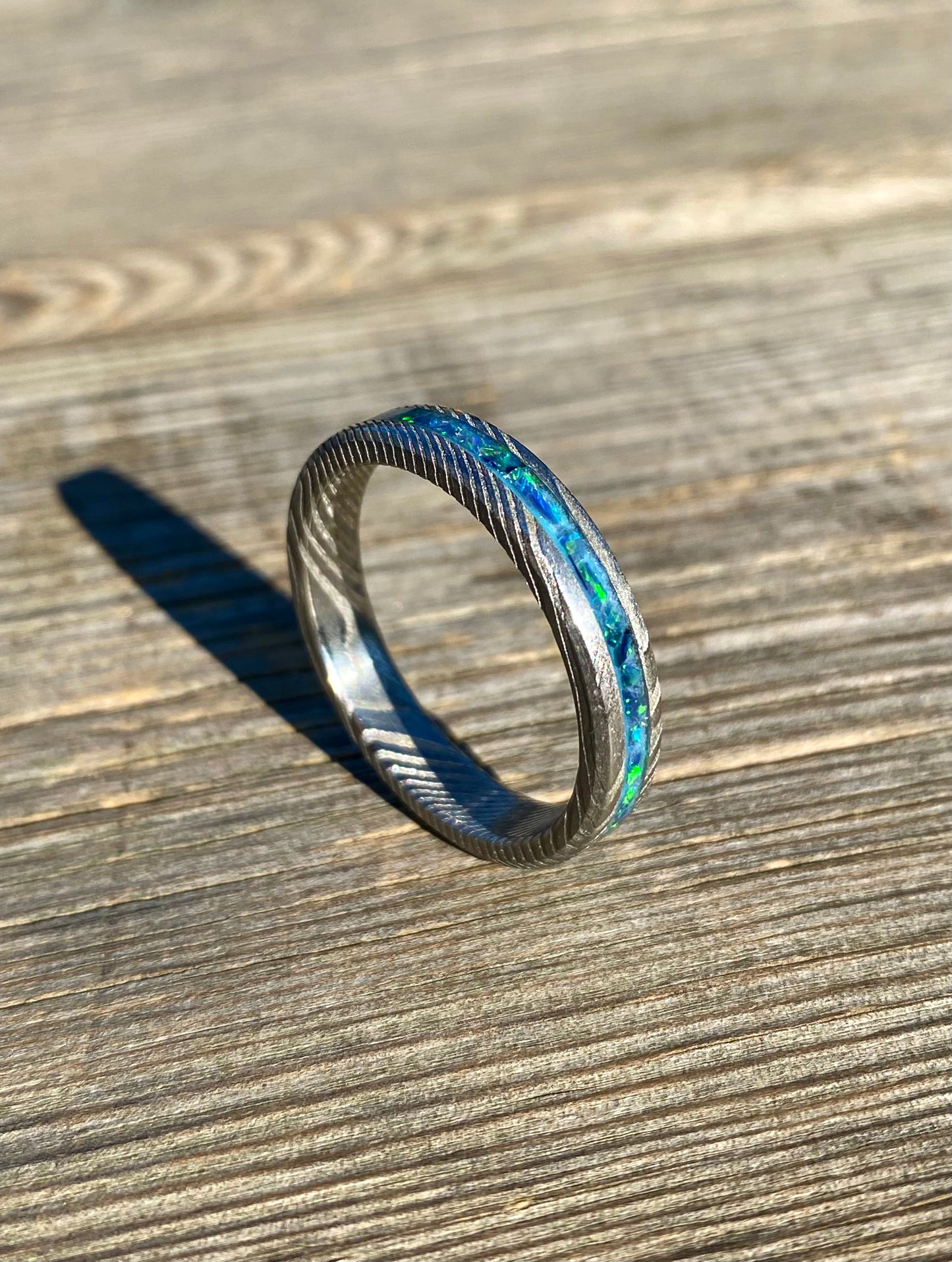 Damascus Steel and "Peacock Blue" Opal Ring