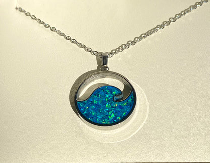 "Wave" Pendant - "Peacock Blue" Opal Necklace