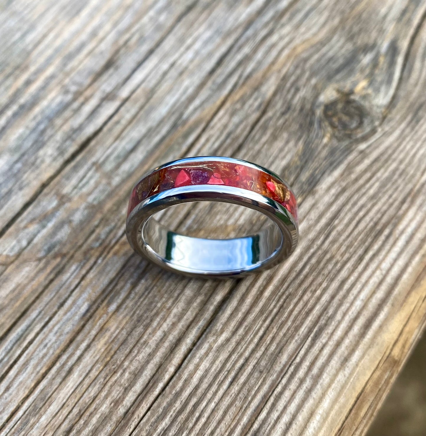 Ring of Opal, Carnelian, Brass, Purple Agate with Bronzite and Coral