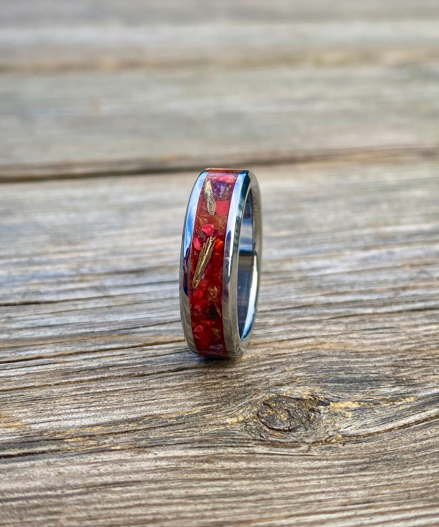 Ring of Opal, Carnelian, Brass, Purple Agate with Bronzite and Coral