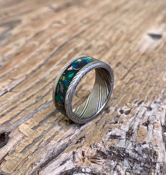 Ring of Damascus Steel, Meteorite, Opal and Malachite