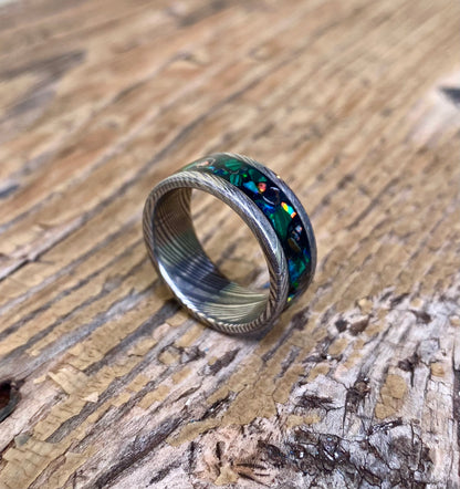 Ring of Damascus Steel, Meteorite, Opal and Malachite