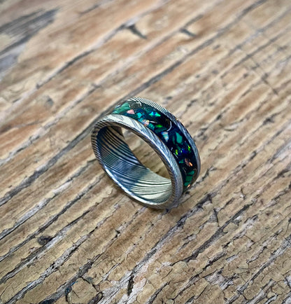 Ring of Damascus Steel, Meteorite, Opal and Malachite