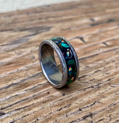 Ring of Damascus Steel, Meteorite, Opal and Malachite