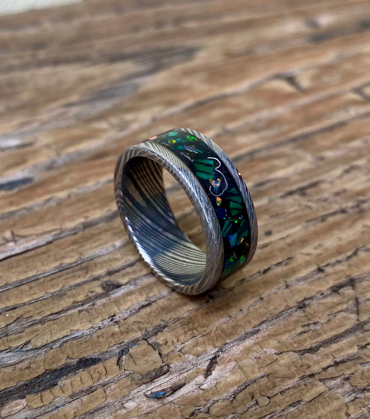 Ring of Damascus Steel, Meteorite, Opal and Malachite