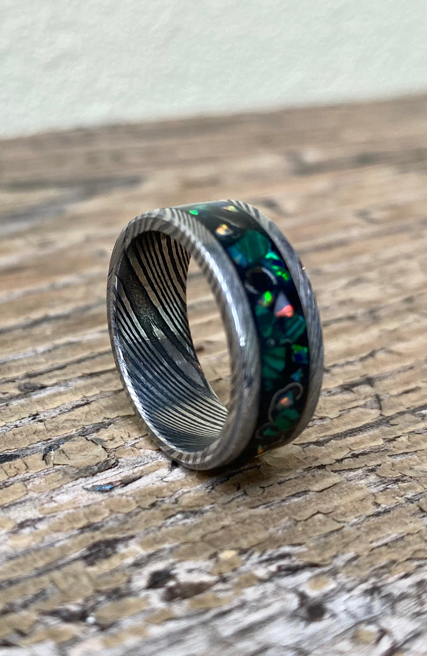 Ring of Damascus Steel, Meteorite, Opal and Malachite