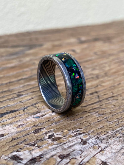 Ring of Damascus Steel, Meteorite, Opal and Malachite