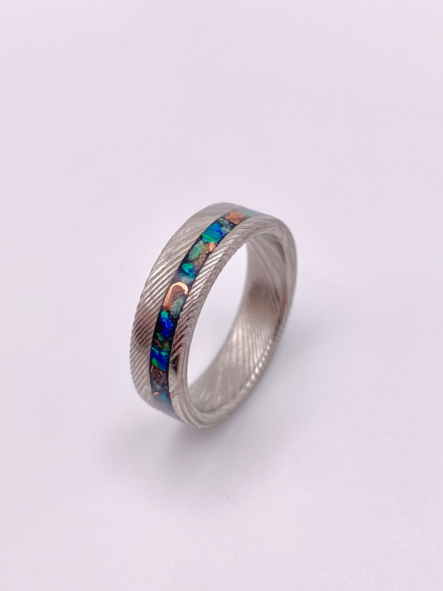 Ring of Damascus Steel, Green Jade, Opal and Copper