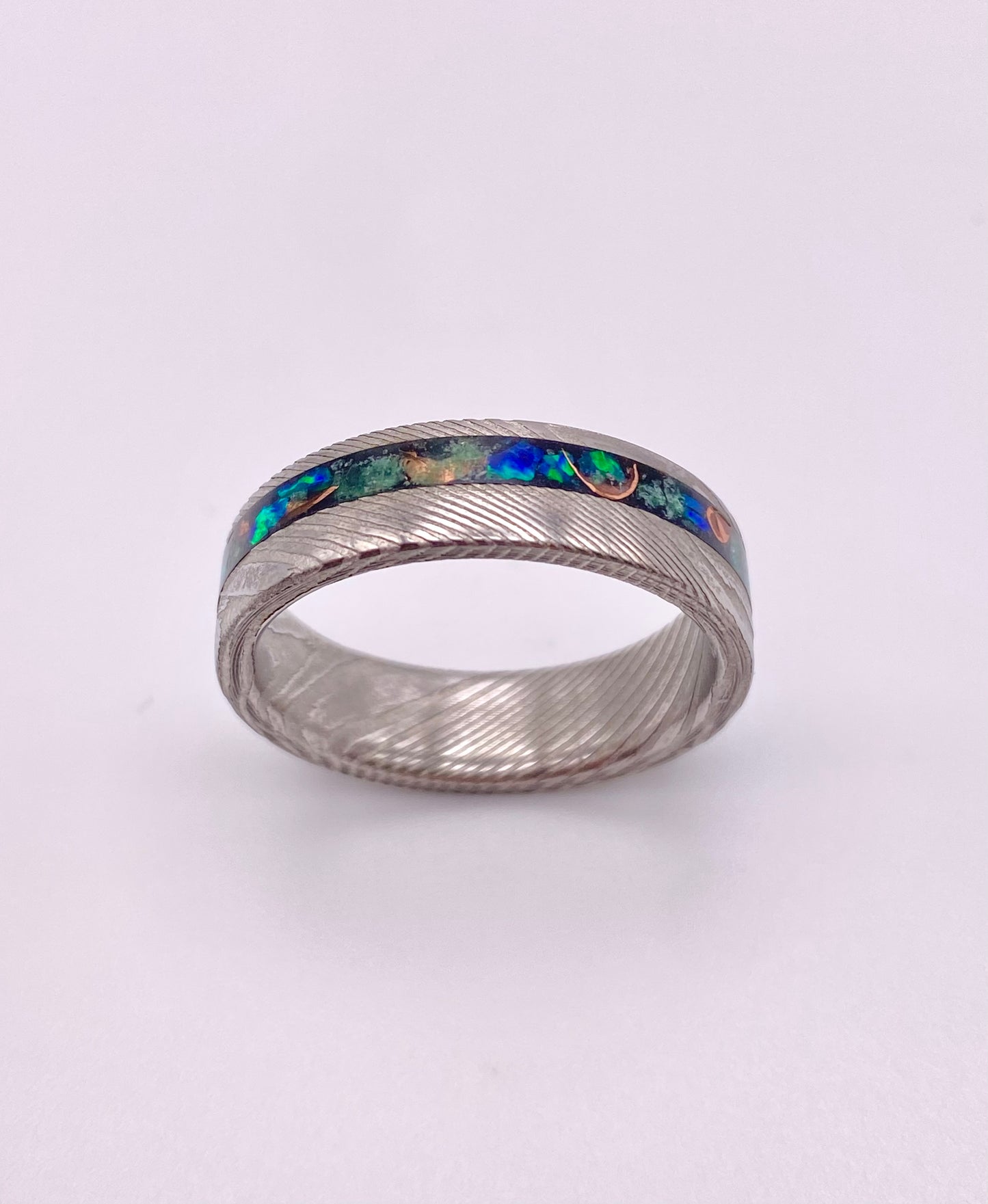 Ring of Damascus Steel, Green Jade, Opal and Copper