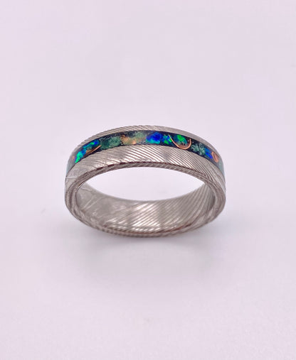 Ring of Damascus Steel, Green Jade, Opal and Copper