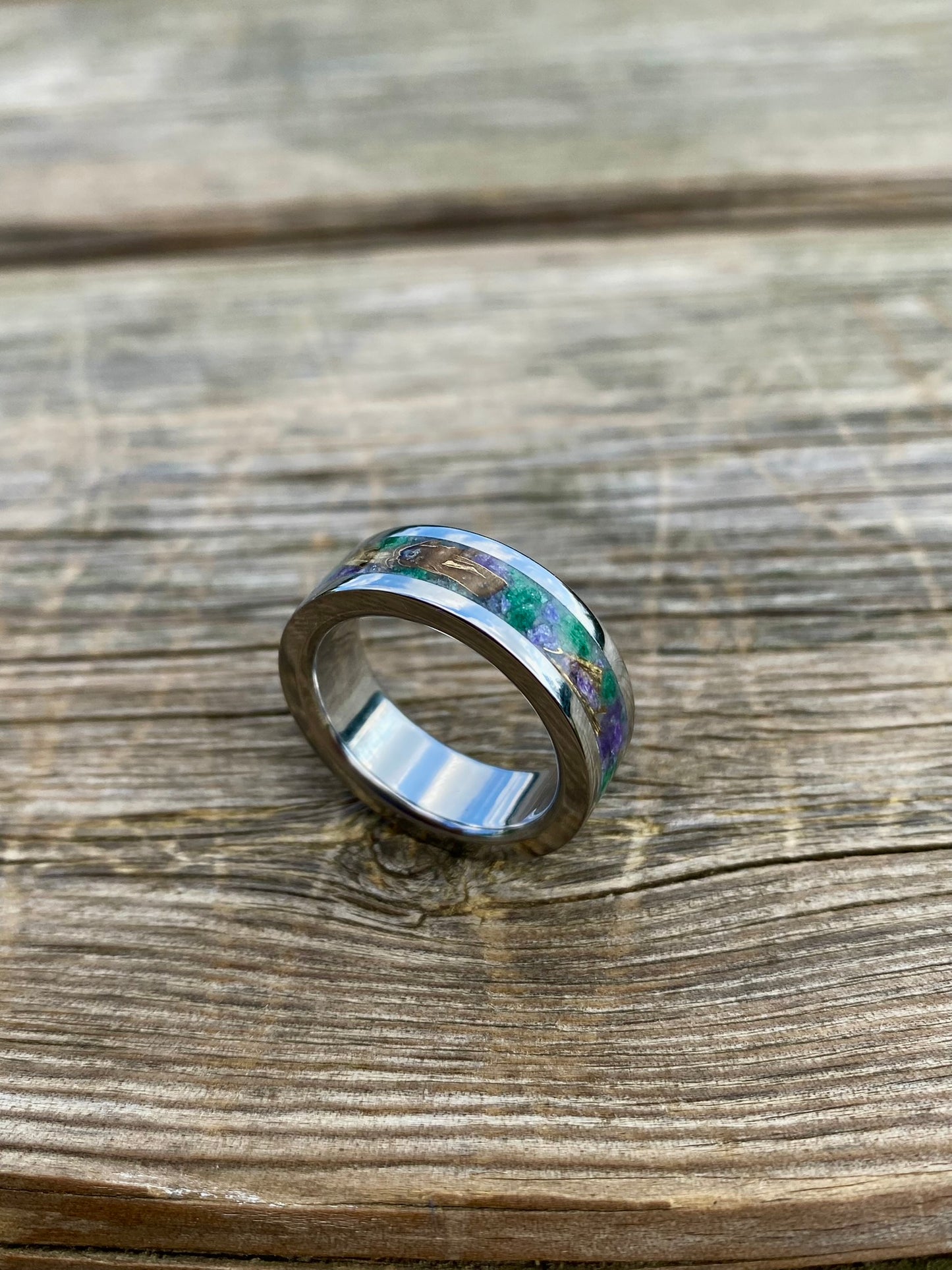 Ring of Green Jade, Amethyst and Brass Spirals