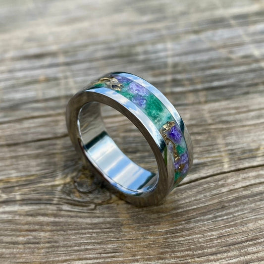 Ring of Green Jade, Amethyst and Brass Spirals