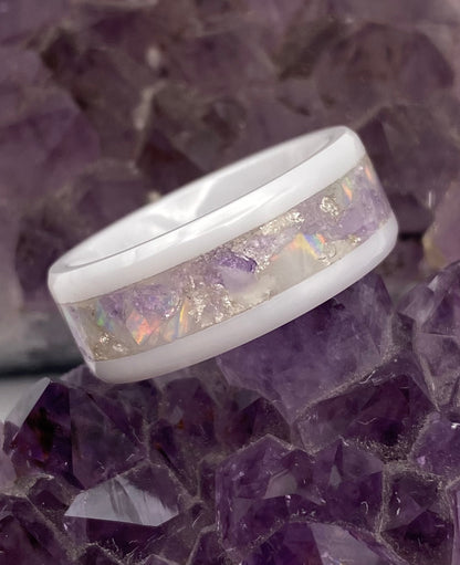 White Ceramic, Amethyst, Opal and Silver Leaf Ring