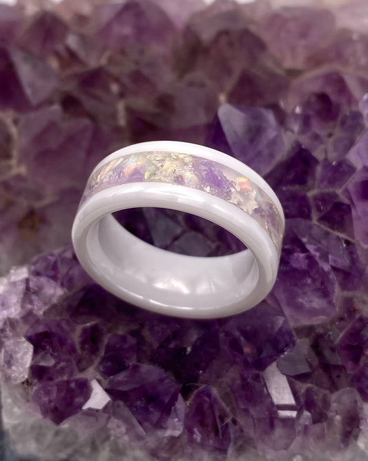 White Ceramic, Amethyst, Opal and Silver Leaf Ring