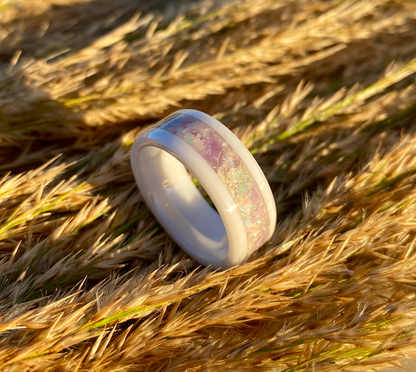 White Ceramic, Amethyst, Opal and Silver Leaf Ring