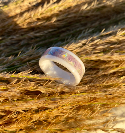 White Ceramic, Amethyst, Opal and Silver Leaf Ring