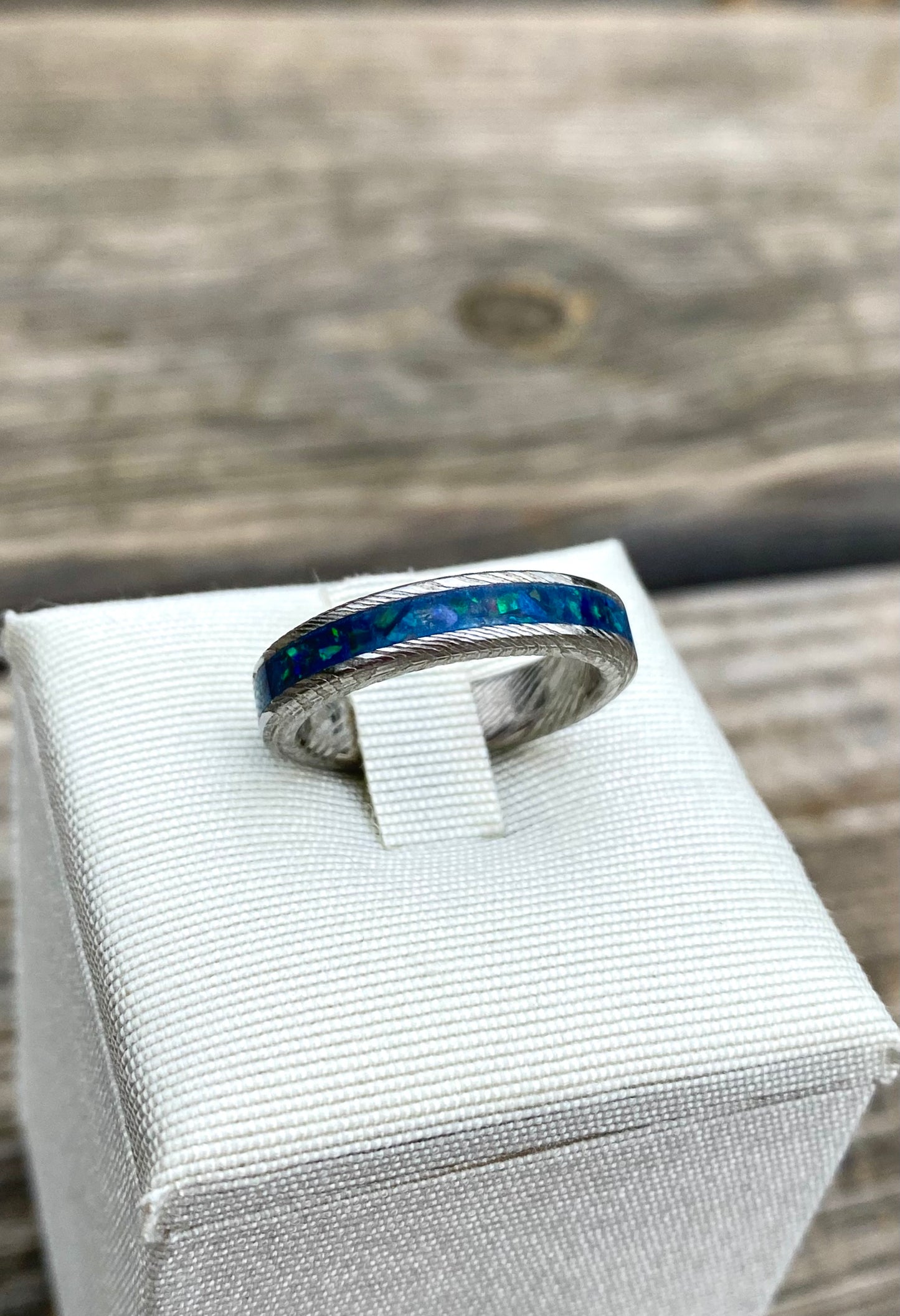 Damascus Steel and "Peacock Blue" Opal Ring