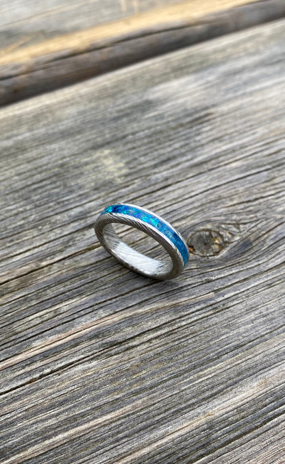 Damascus Steel and "Peacock Blue" Opal Ring