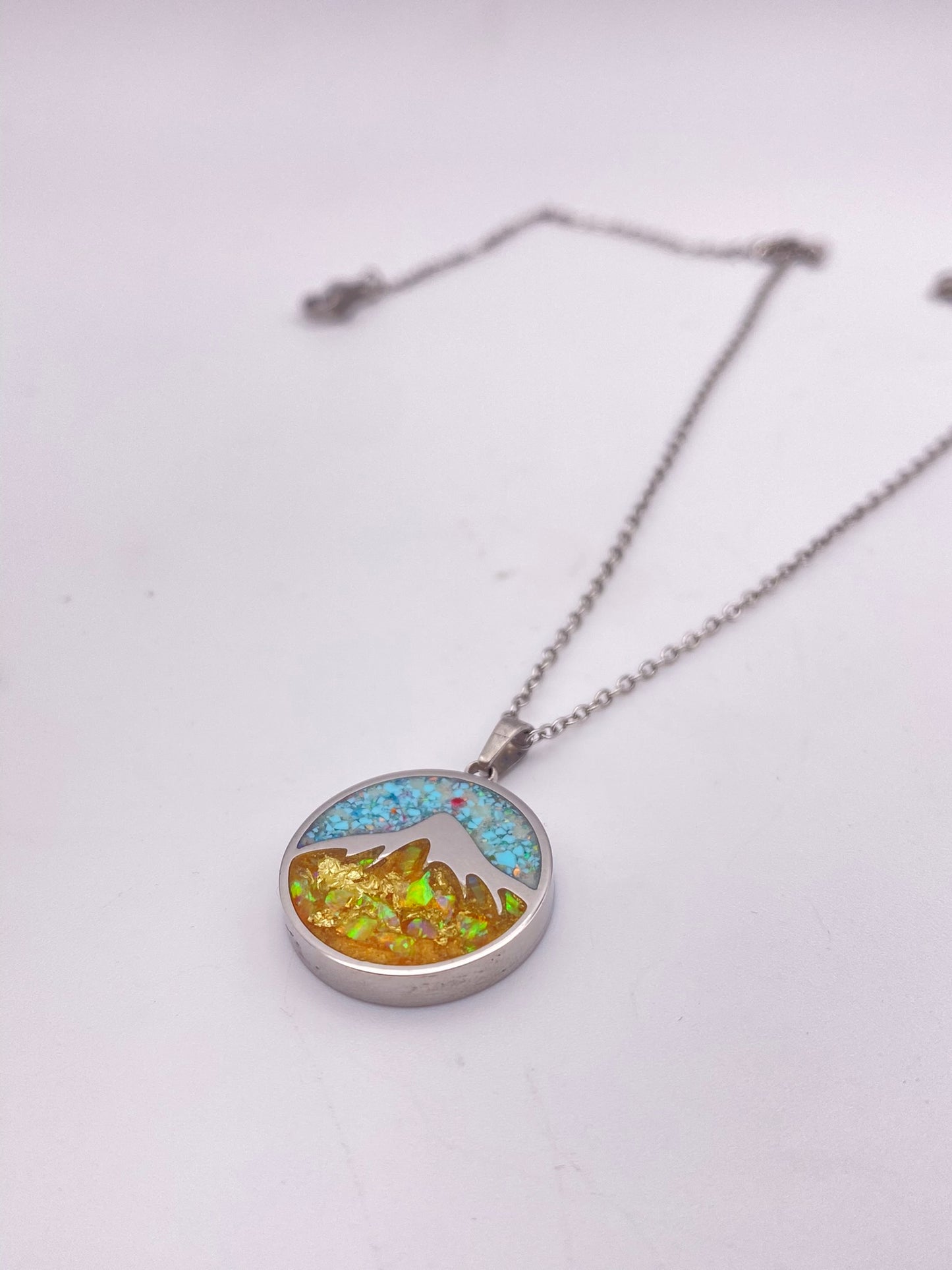 "Mountain" Pendant - Opal, Gold Leaf and Turquoise Necklace