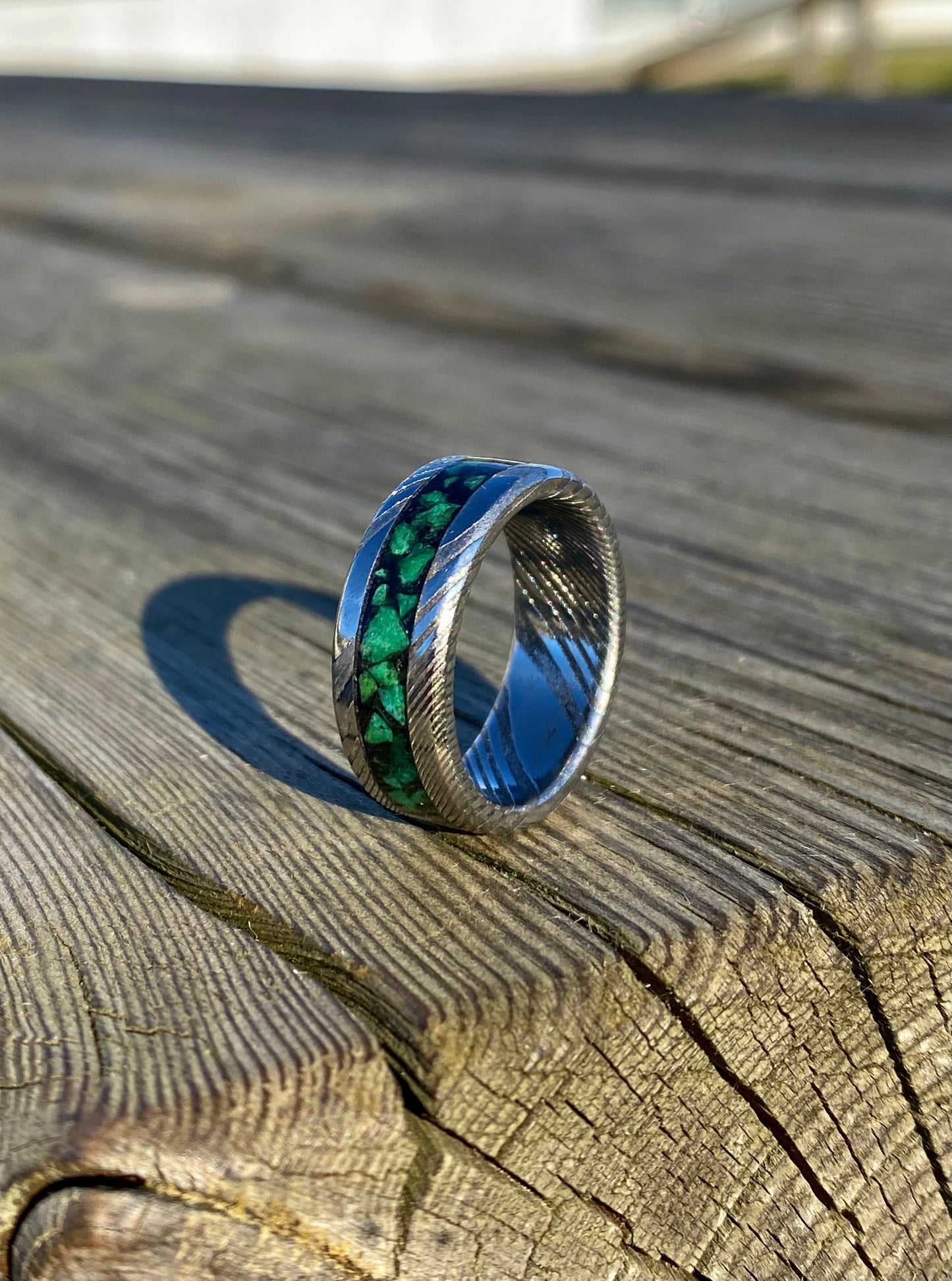 Damascus Steel and Green Jade Ring