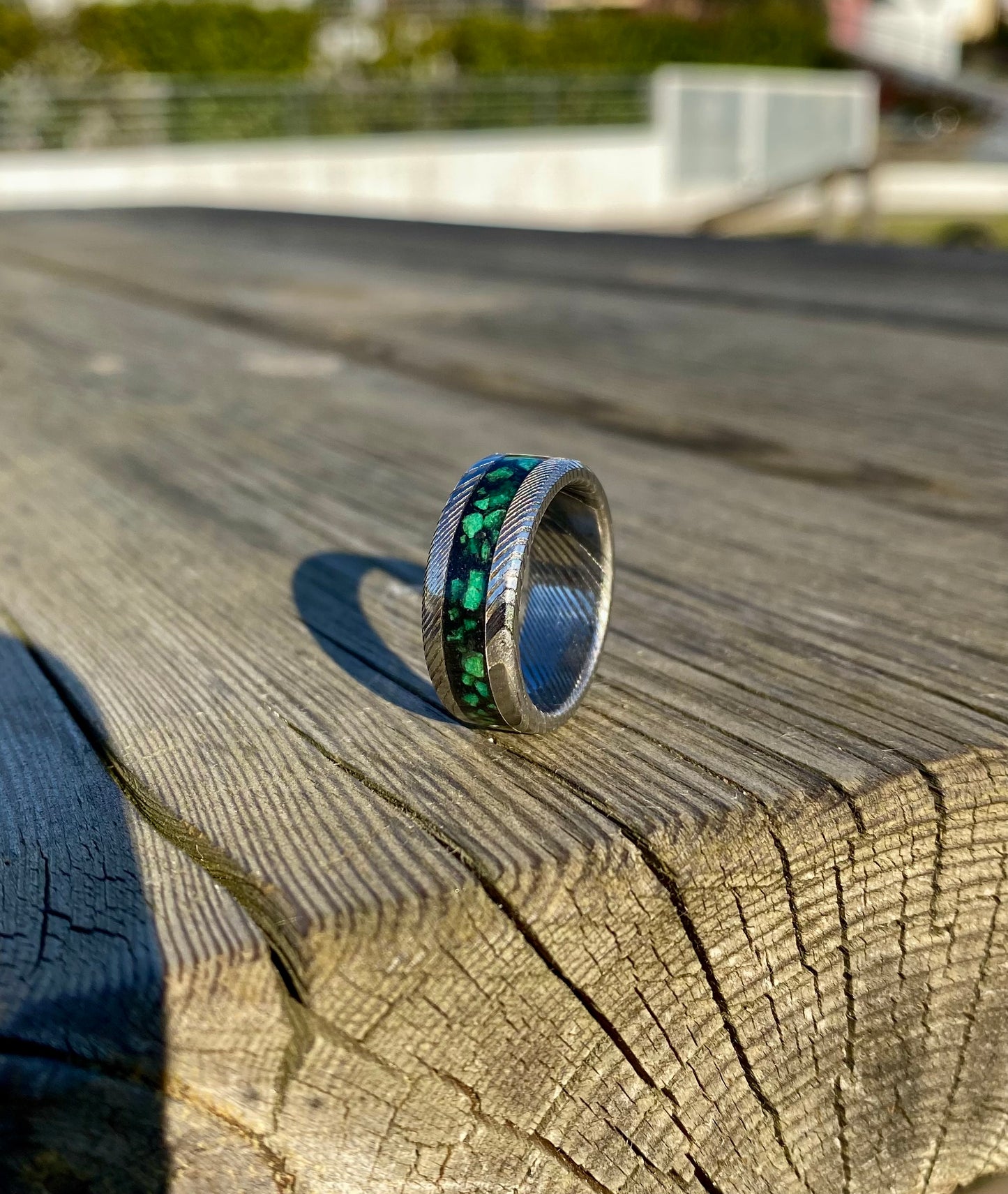 Damascus Steel and Green Jade Ring