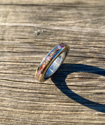 Mokume Gane Ring, Stainless Damascus Steel and Opal