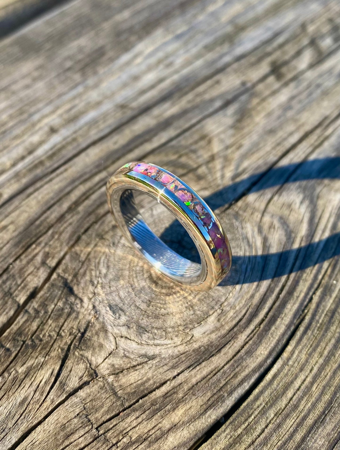 Mokume Gane Ring, Stainless Damascus Steel and Opal