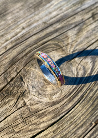 Mokume Gane Ring, Stainless Damascus Steel and Opal