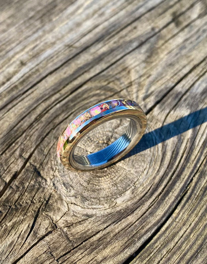 Mokume Gane Ring, Stainless Damascus Steel and Opal