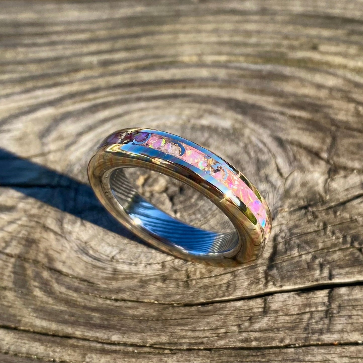 Mokume Gane Ring, Stainless Damascus Steel and Opal