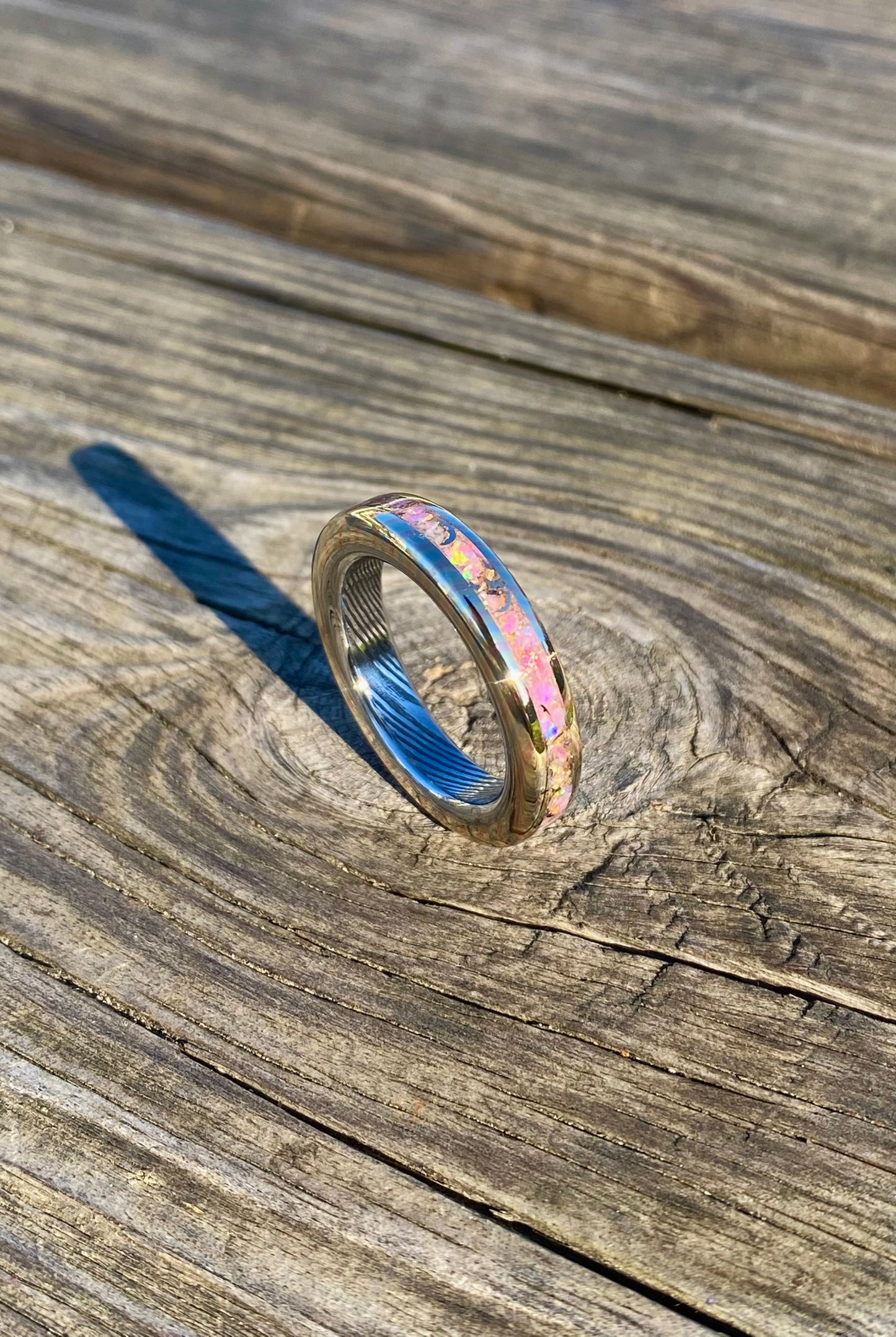 Mokume Gane Ring, Stainless Damascus Steel and Opal