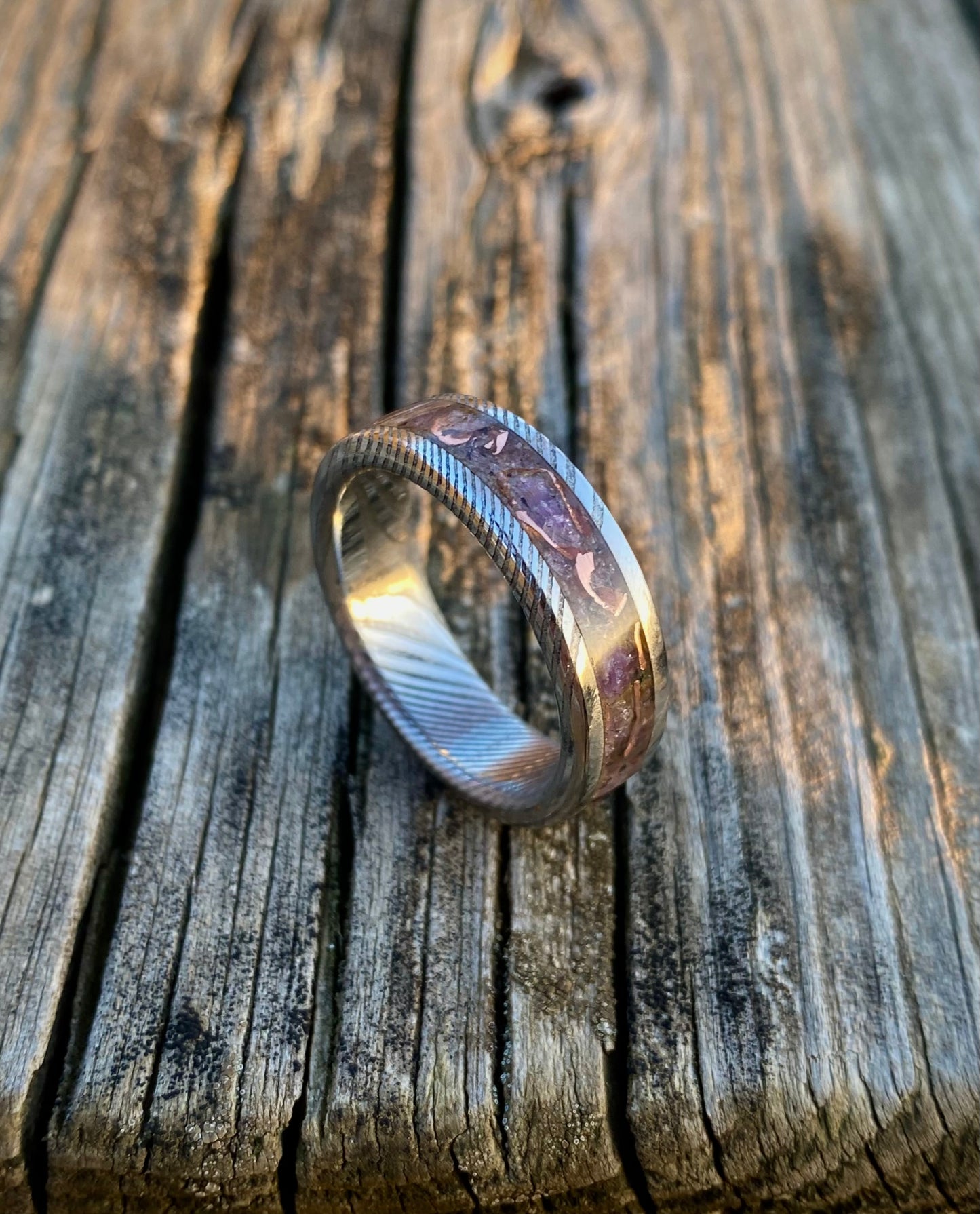 Damascus Steel, Amethyst and Copper Ring