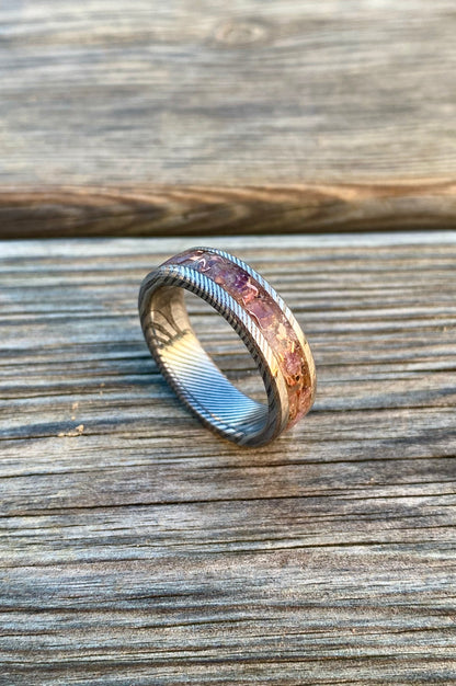 Damascus Steel, Amethyst and Copper Ring