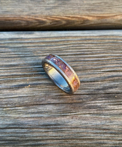 Damascus Steel, Amethyst and Copper Ring