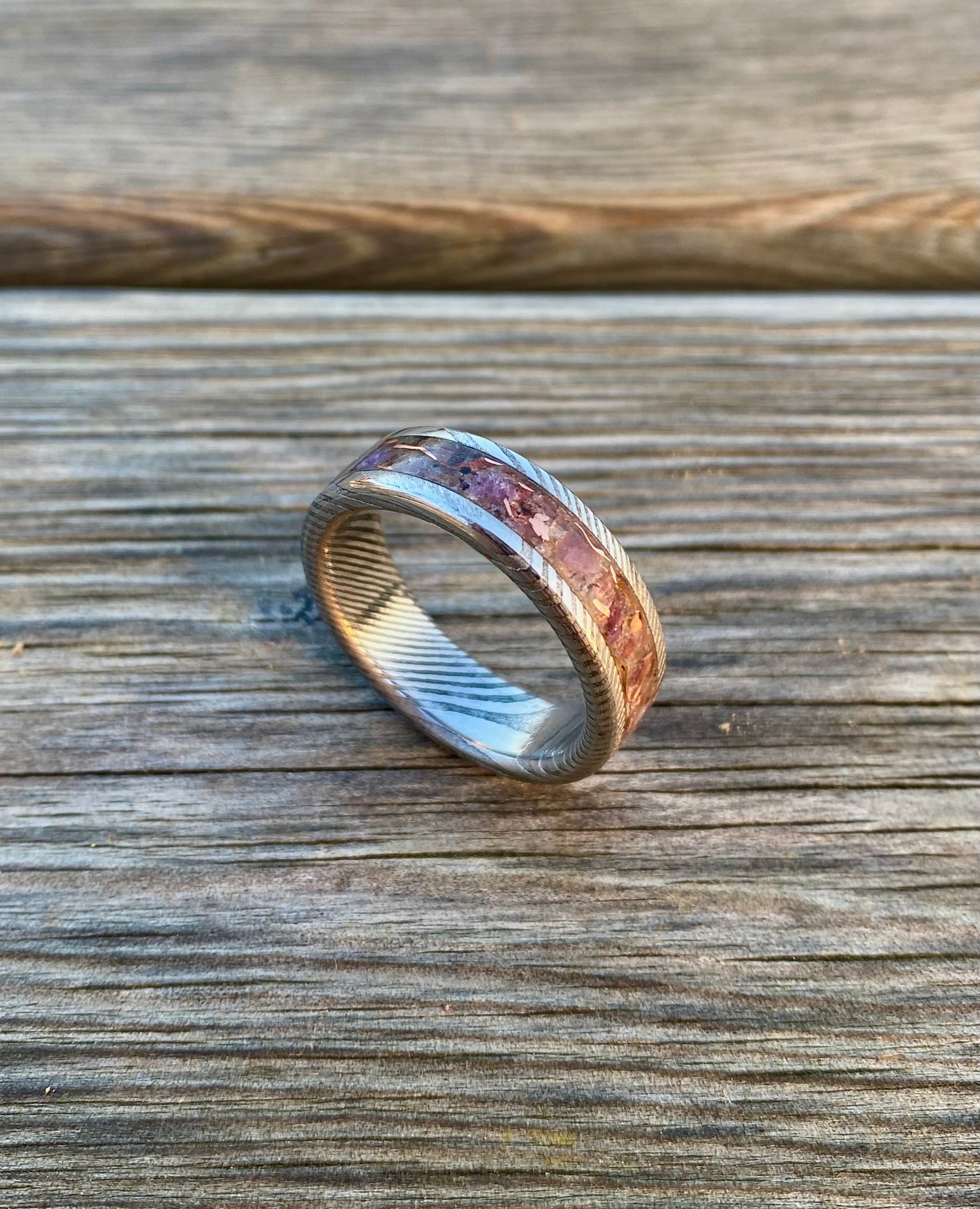 Damascus Steel, Amethyst and Copper Ring