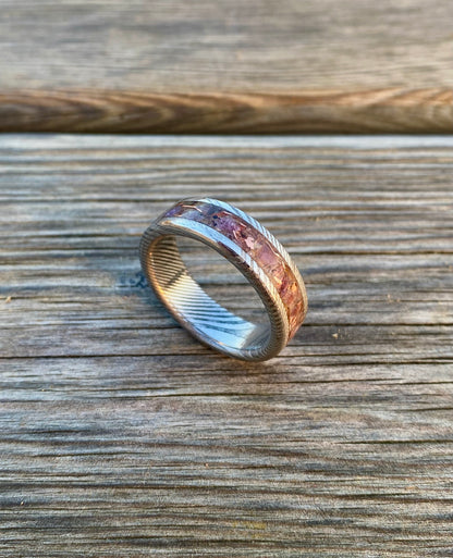 Damascus Steel, Amethyst and Copper Ring